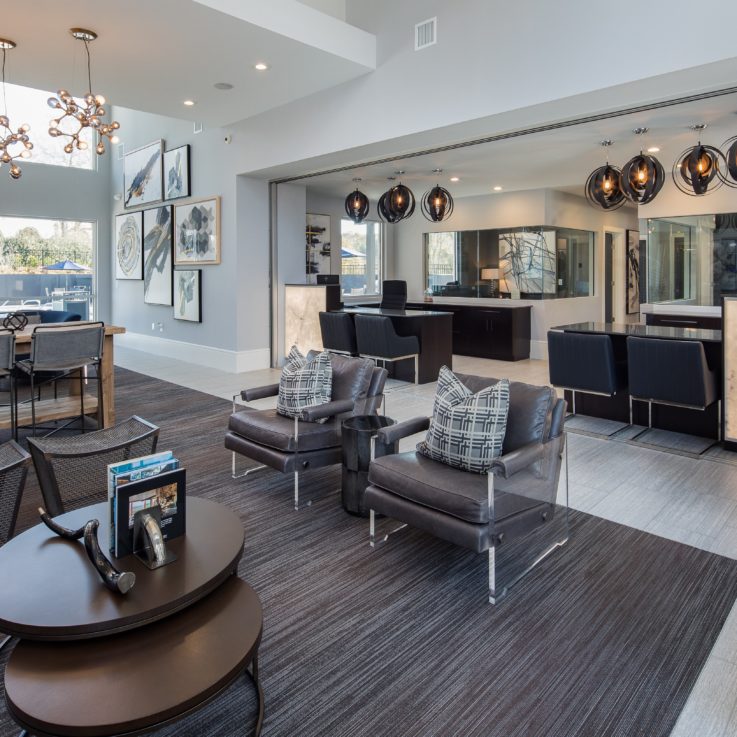 Seating area with unique lamps and coffee tables