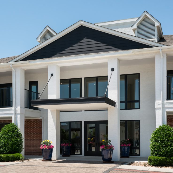 Front entrance to the building with an overhang