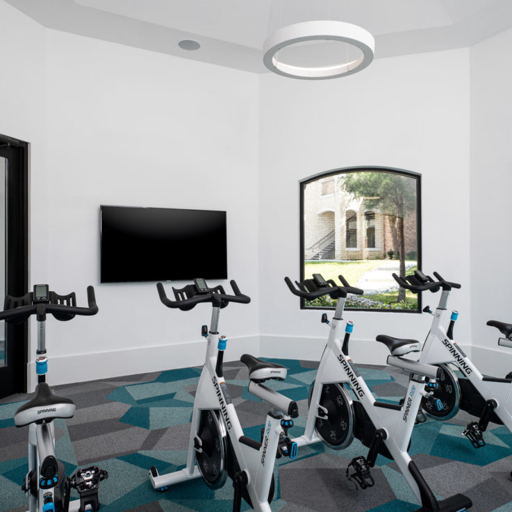 Four stationary bicycles facing a flatscreen television