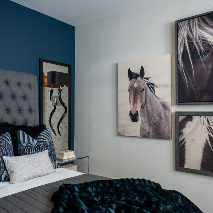 Three horse paintings near a bed