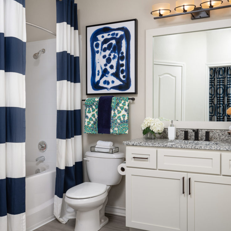 Bathroom with a blue and white striped shower curtain and a granite countertopped sink