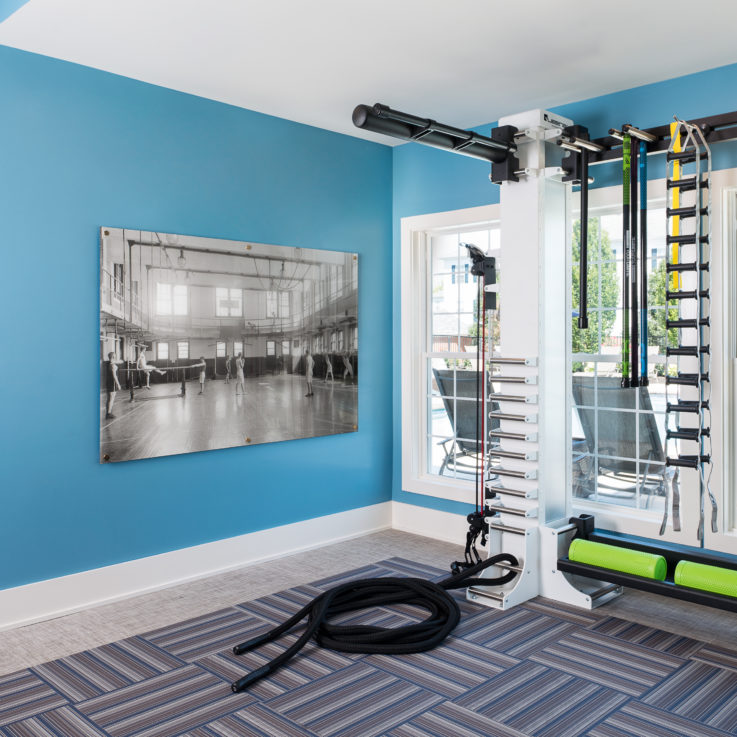 Workout room with bright blue walls