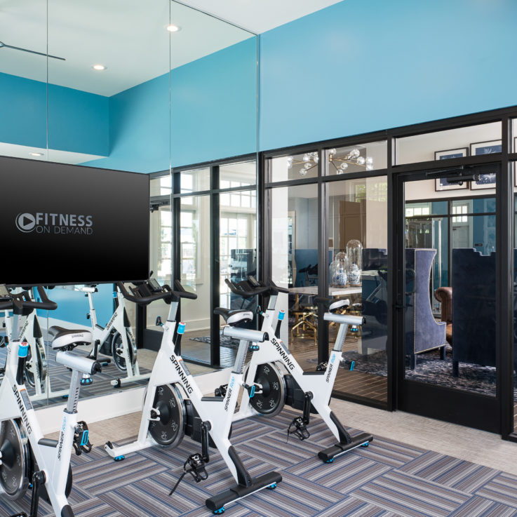 Three stationary bikes in front of a mirror wall with a flatscreen television