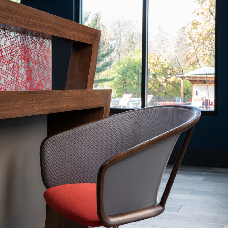 Wooden chair with red and gray cushions