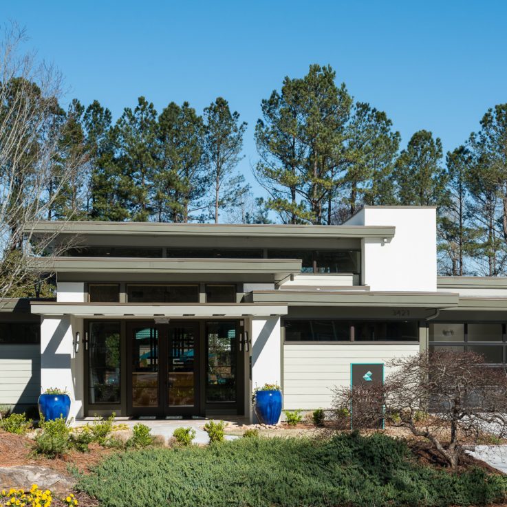 Driveway and front entrance to the building