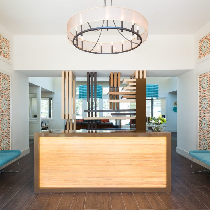 Foyer with wood floors and teal benches