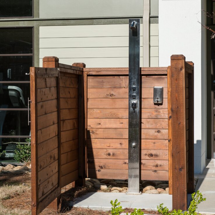 Outdoor shower with wooden walls