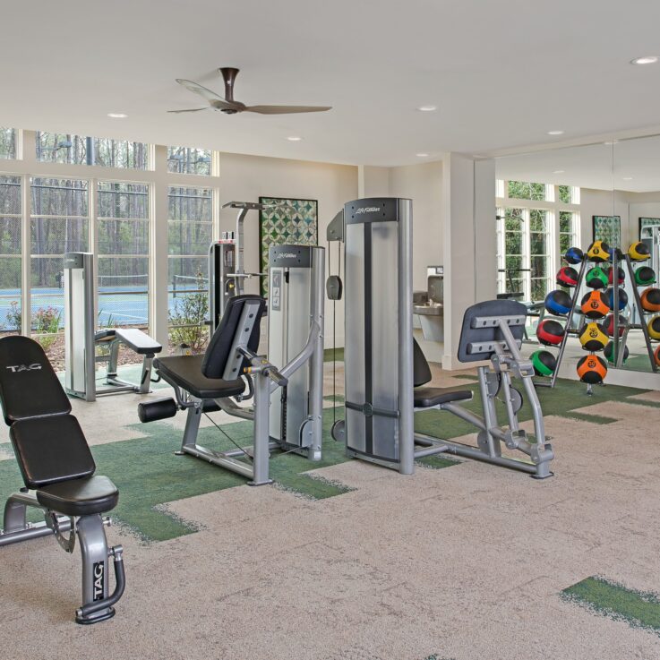 Workout room with various machines and weights