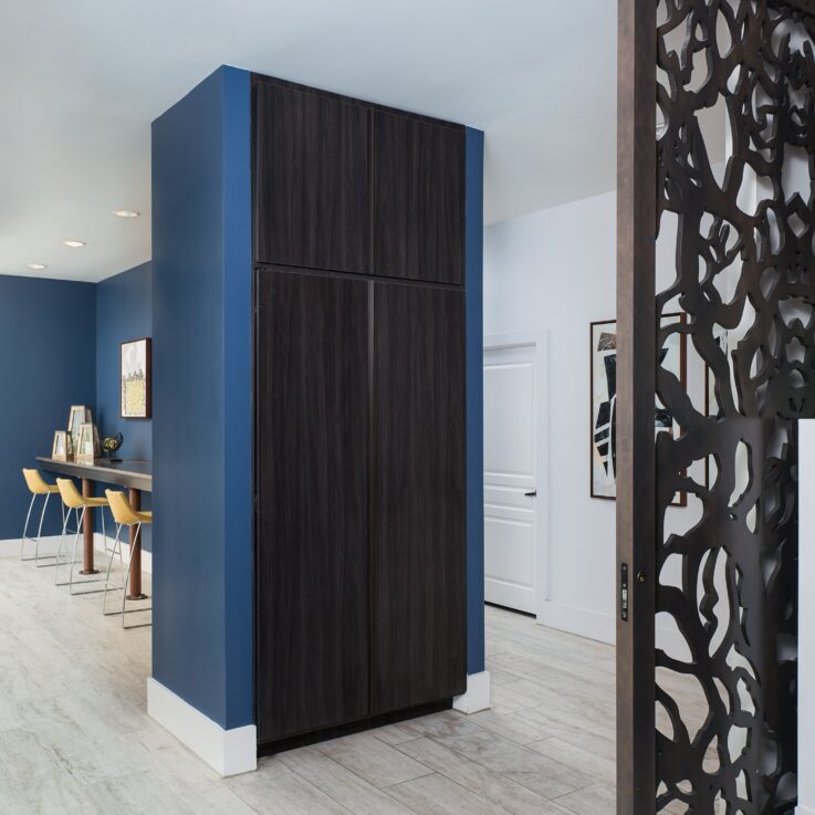 Closed dark brown cabinets on a dark blue wall