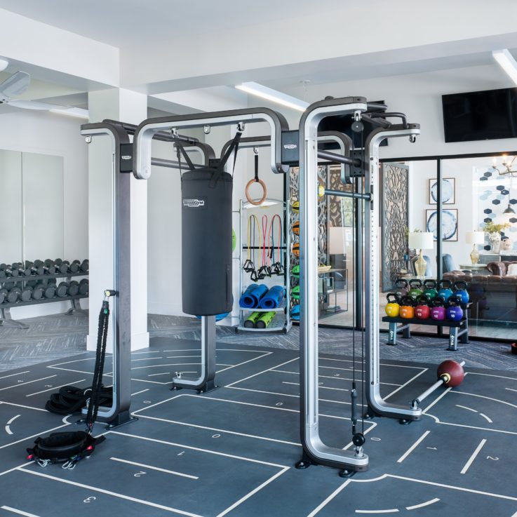 Workout area with various machines and weights