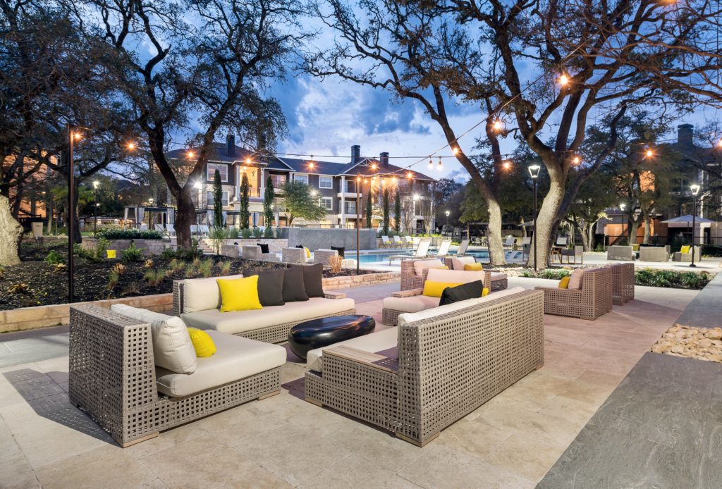 Outdoor seating area near the pool