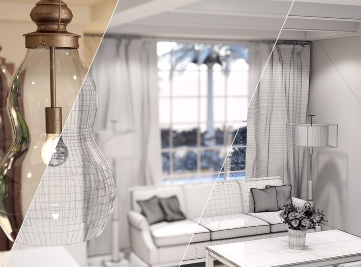 White living room with a palm tree in the window