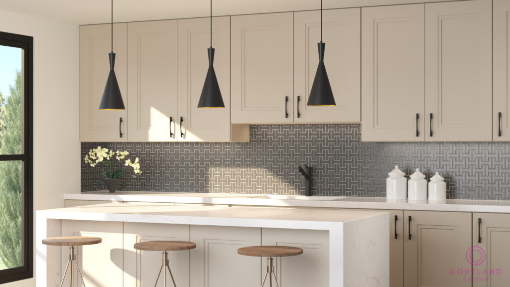 Kitchen with beige cabinets, white countertops, and hanging lights