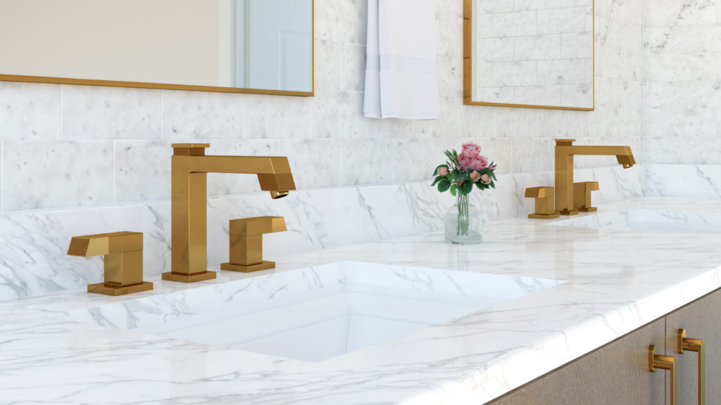 Two Etch Vanity Faucets in a bathroom