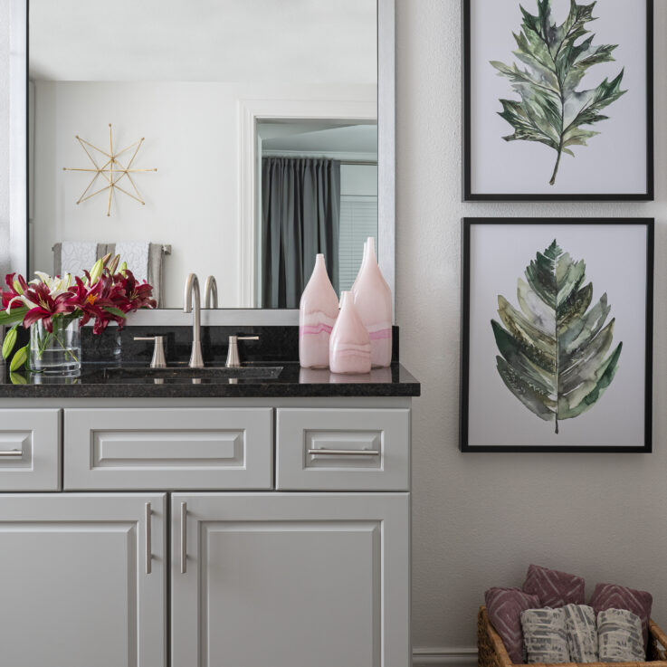 Bathroom sink with white cabinets and a dark countertop