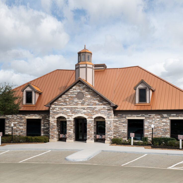 Parking and front entrance to a building