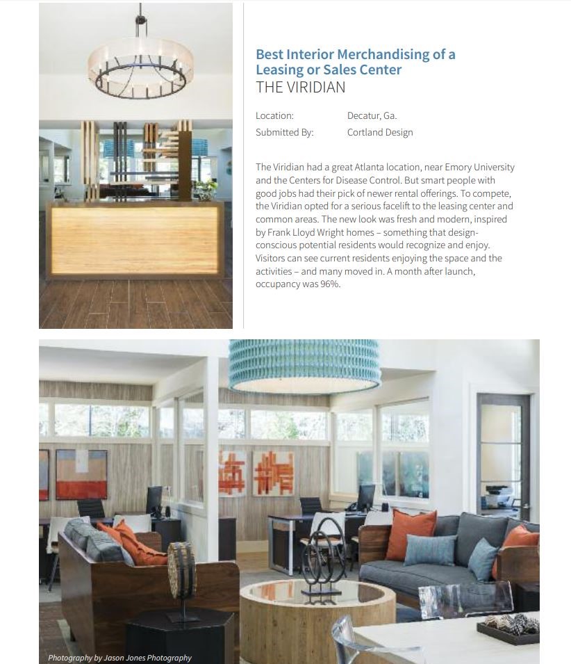 Best Interior Merchandising of a Leasing or Sales Center: The Viridian submitted by Cortland Design