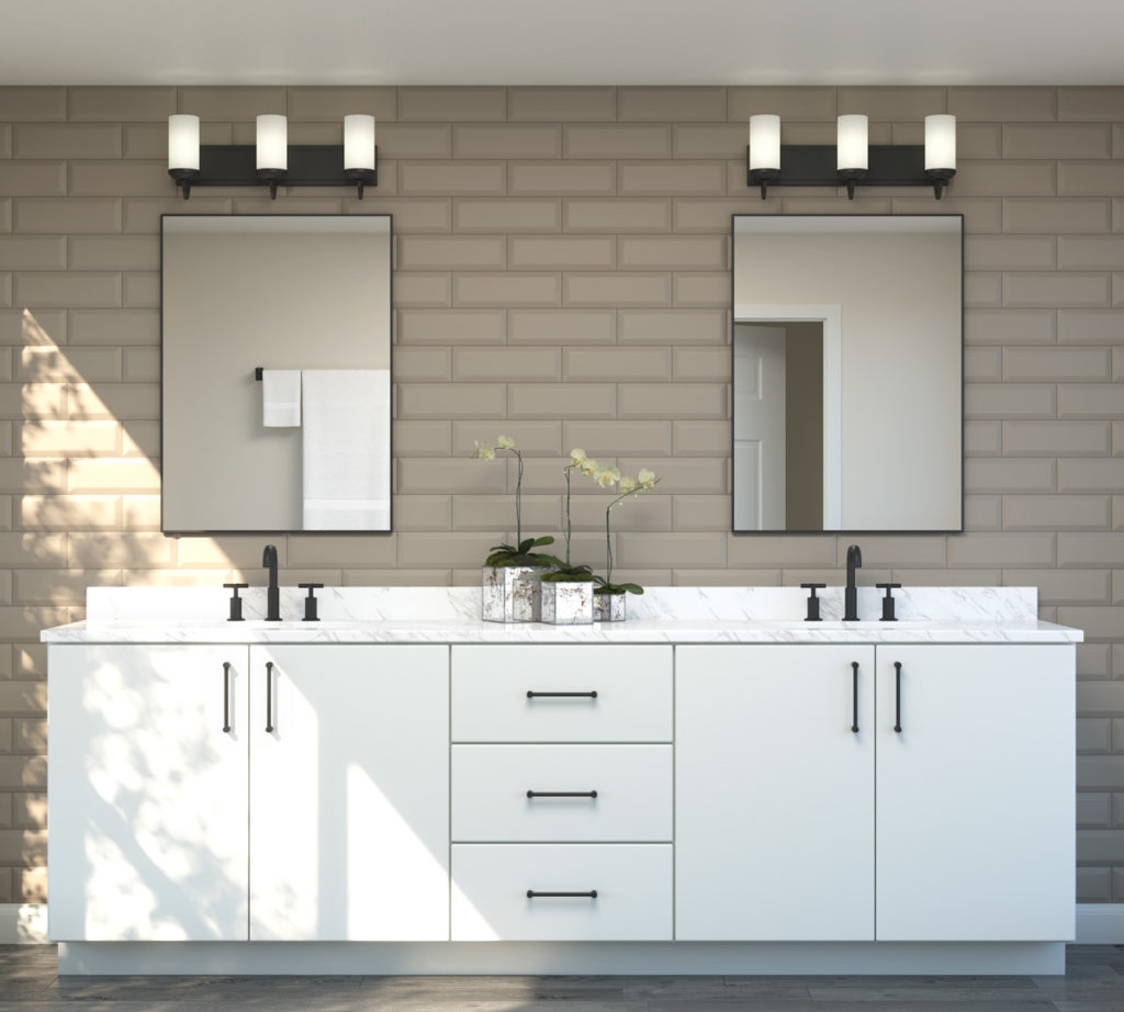 Bathroom counter with two sets of sinks, mirrors, and lights