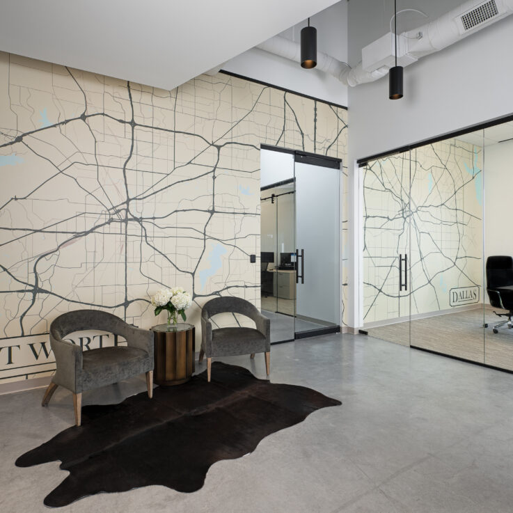 Seating area and conference room with glass walls at Cortland's Dallas headquarters