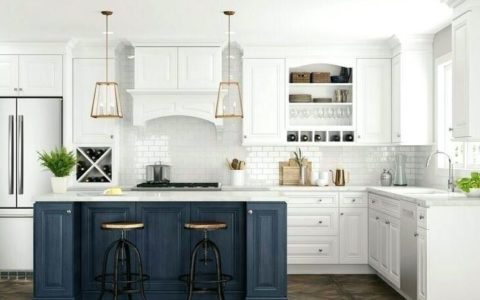 Kitchen with white cabinet, white walls, a dark blue island, and stainless steel appliances