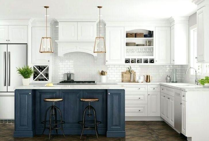 Select The Perfect Cabinet Style Home, White Kitchen With Dark Blue Island