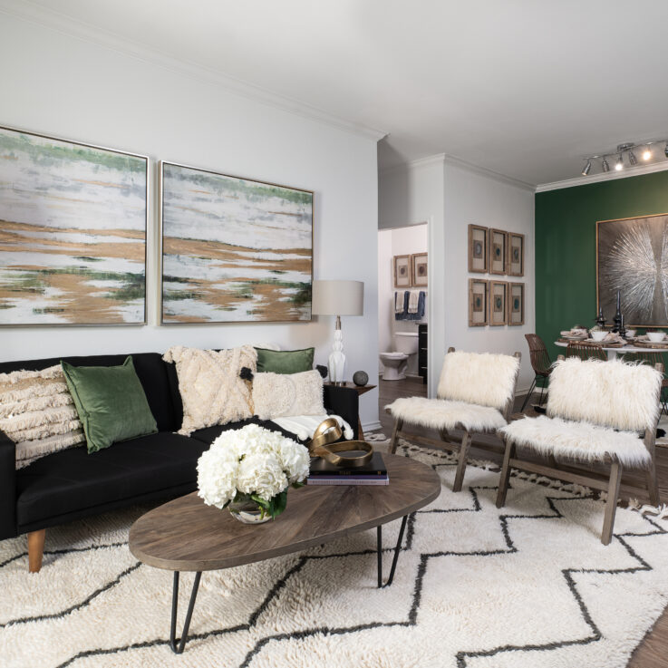 Two white chairs and a black couch with green and white pillows