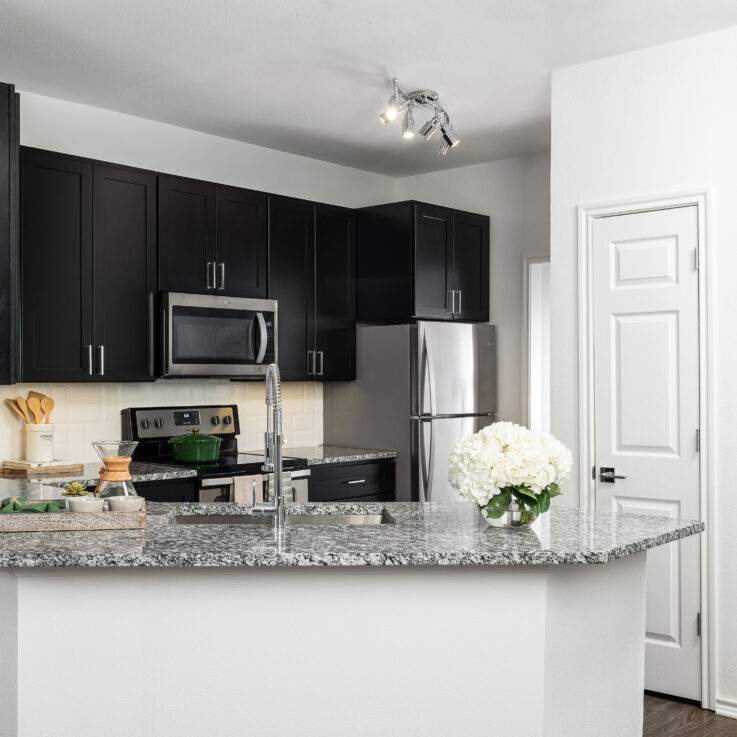 Kitchen with marble countertops, black cabinets, and stainless steel appliances