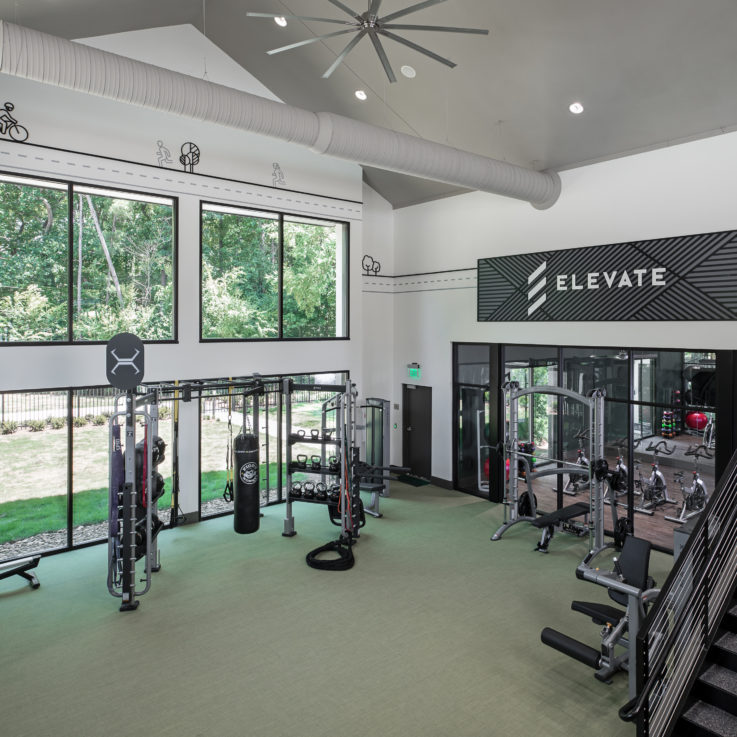 Workout area with various machines and weights
