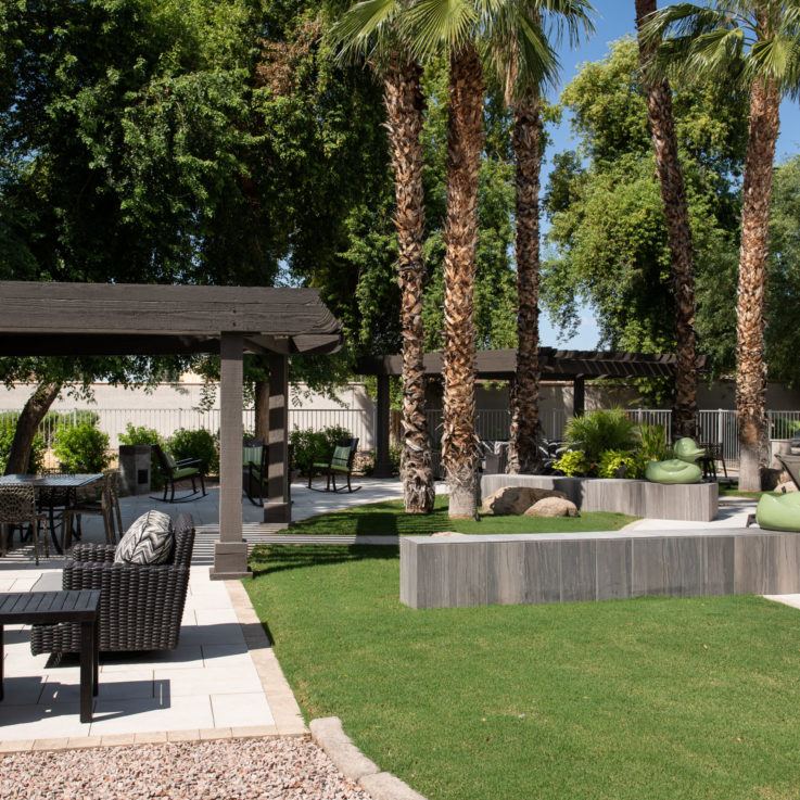 Outdoor wicker seating with palm trees