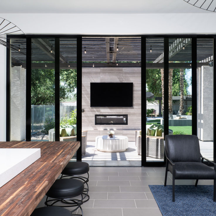 View of the patio through large glass sliding doors