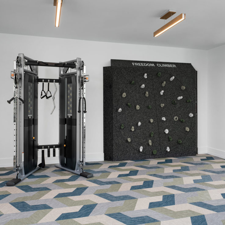 Workout room with a multi-function machine and rock climbing wall