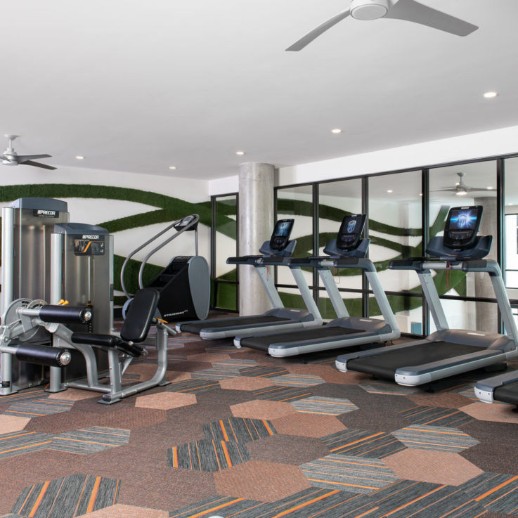 Workout room with various machines and weights