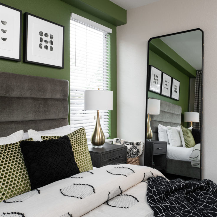 Cortland Mountain Vista Apartment Bedroom Closeup of Bed and Mirror