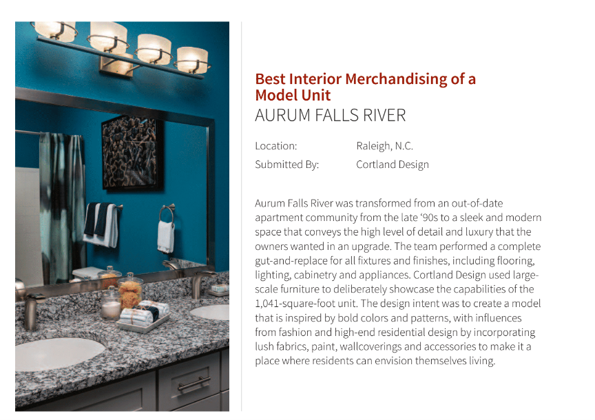 Cortland Design wins Best Interior Merchandising of a Model Unit for Aurum Falls River at the 2019 NAHB Multifamily Pillars of the Industry Awards
