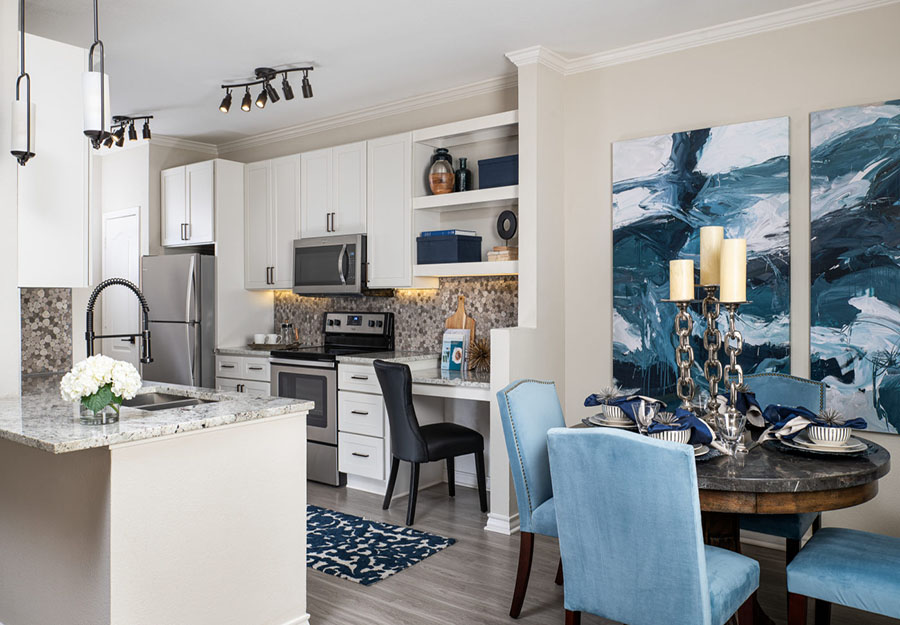 Kitchen and dining room model with blue hues