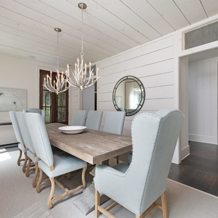 Formal dining room with blue chairs