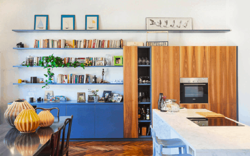 Kitchen with Cookbook on Shelves