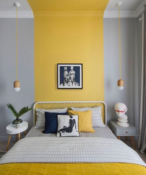 Bedroom with Yellow Color Block on Wall