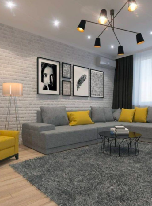 Living Room with Grey and Yellow Pillows