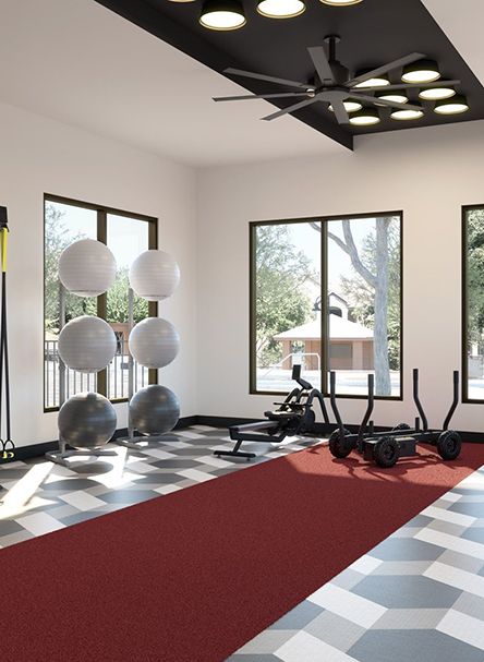 Gym with exercise balls, weights, and other equipment